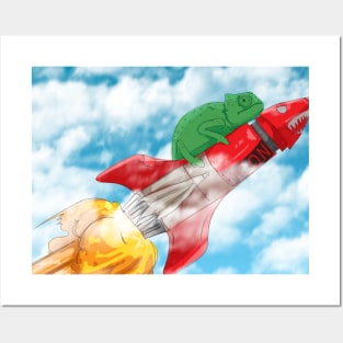 a chameleon flying on a rocket Posters and Art